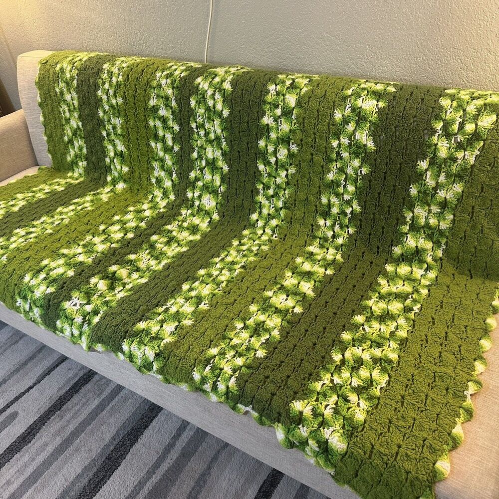 Handmade Green Crochet Throw Blanket - Plush Olive & White